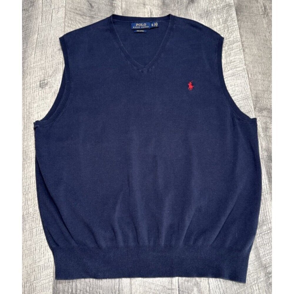 Polo Ralph Lauren Sweater Vest Mens XL Blue Pima Cotton V-Neck Knit Preppy